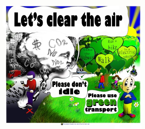 Let's clear the air. Please don't idle. Cartoon poster.